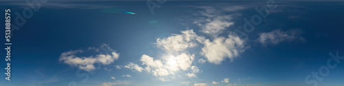 Blue sky panorama with puffy Cumulus clouds. Seamless hdr pano in spherical equirectangular format. Sky dome or zenith for 3D visualization  game and sky replacement for aerial drone 360 panoramas.