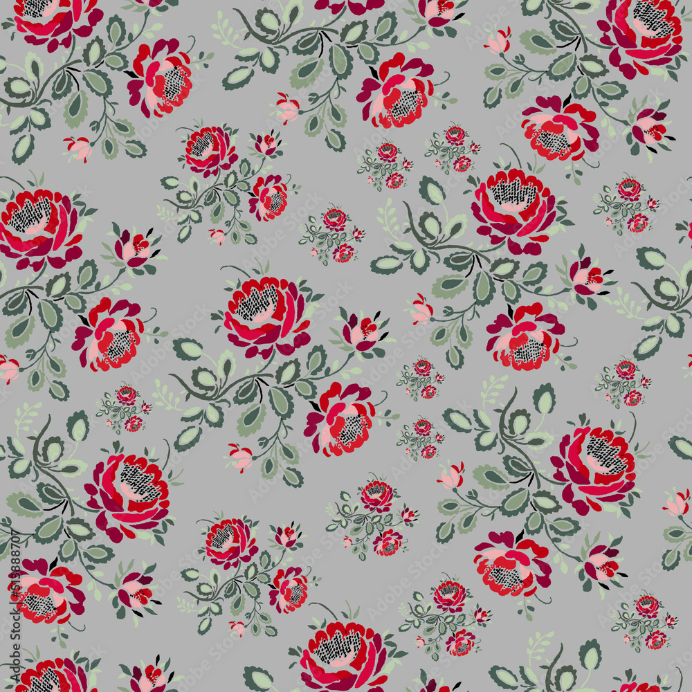Naklejka premium Colorful Red Rose Seamless pattern background_with grey background