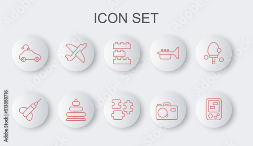 Set line Tetris electronic game, Dart arrow, Toy building block bricks, Photo camera, Radio controlled car toy, plane, Pyramid and Puzzle pieces icon. Vector