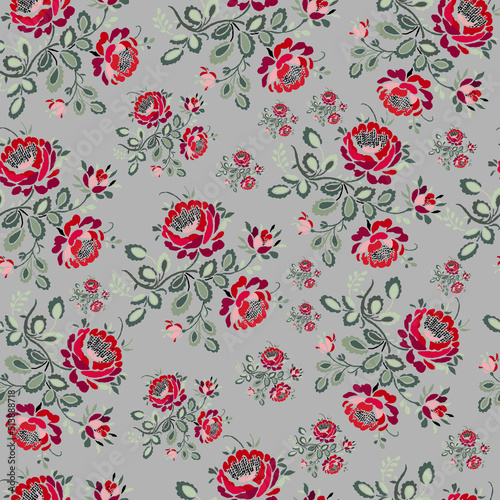 Colorful Red Rose Seamless pattern background_with grey background