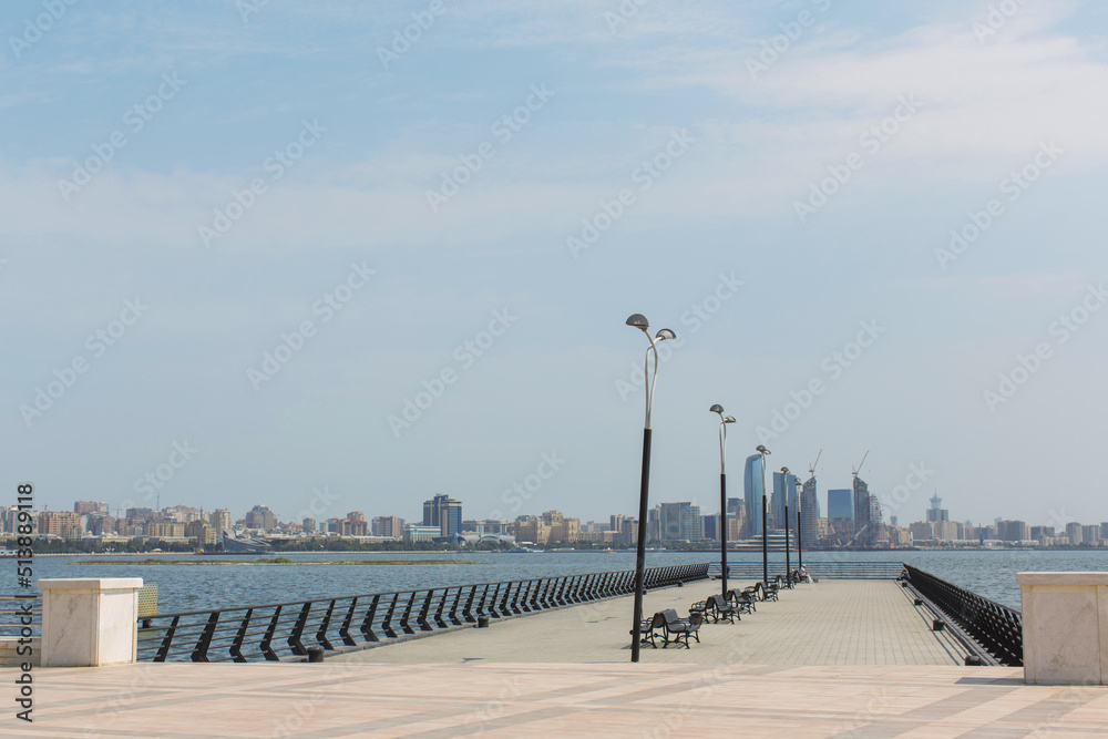 Azerbaijan Baku, Summer view of boulevard next to Caspian Sea