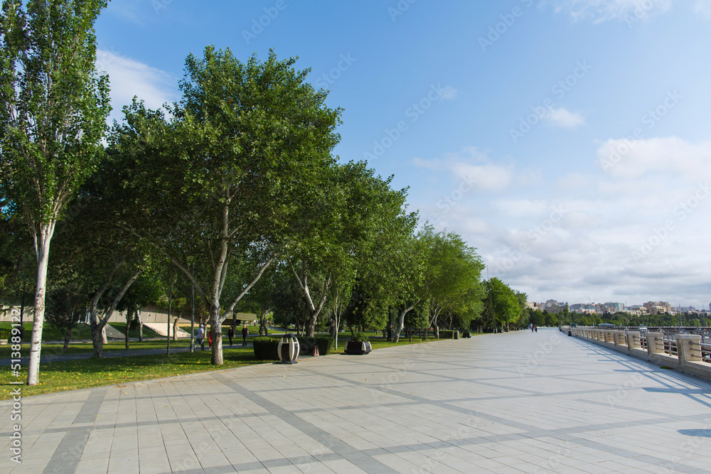 Azerbaijan Baku, Summer view of boulevard next to Caspian Sea