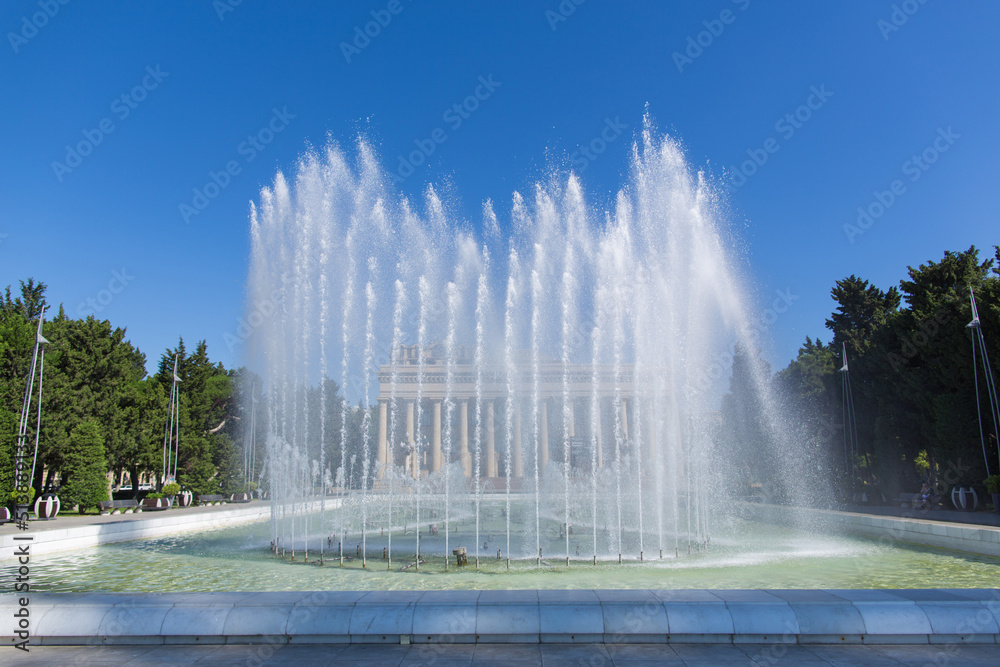 Boulevard in Baku city, fountains in Summer