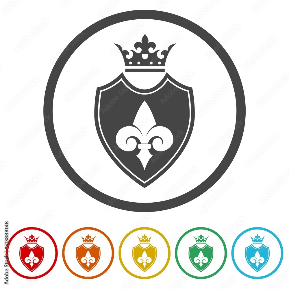 Shield with heraldic symbol of fleur de lis icons in color circle buttons Shield with heraldic symbol of fleur de lis icons in color circle buttons