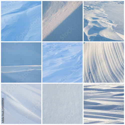 Set of snow textures. Collection of beautiful winter backgrounds with snowy ground. Natural textures of clean fresh flat snow and wind-sculpted patterns on the surface of the snow. photo