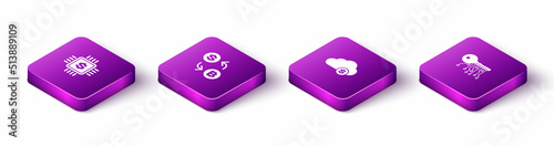 Set Isometric Processor chip with dollar, Cryptocurrency exchange, cloud mining and key icon. Vector