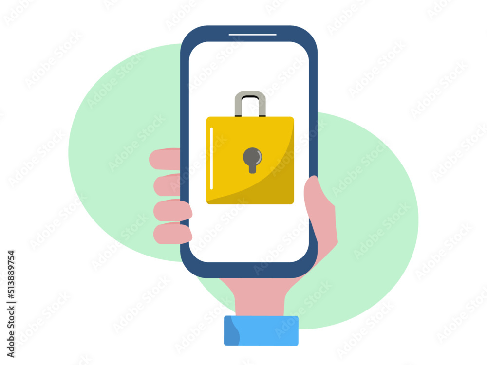 Mobile phone lock screen . Smartphone security app and software. Key. Protect security and privacy. Hand holding smartphone. Vector illustration Mobile phone lock screen . Smartphone security app and software. Key. Protect security and privacy. Hand holding smartphone. Vector illustration