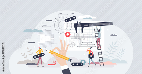 Mechanical engineering skills for professional technical project blueprint drawing tiny person concept. Work occupation with physics and math principles for product development vector illustration.