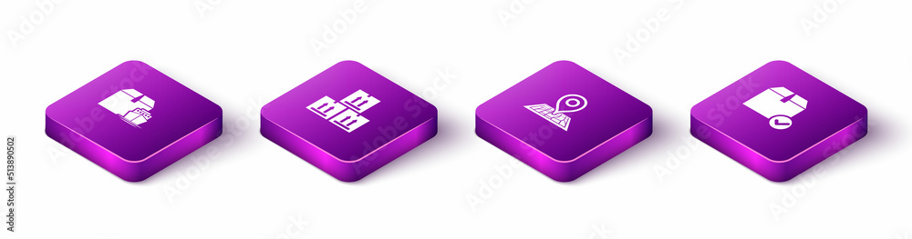 Set Isometric Cargo ship with boxes, Cardboard traffic, Placeholder on map and Package check mark icon. Vector Set Isometric Cargo ship with boxes, Cardboard traffic, Placeholder on map and Package check mark icon. Vector