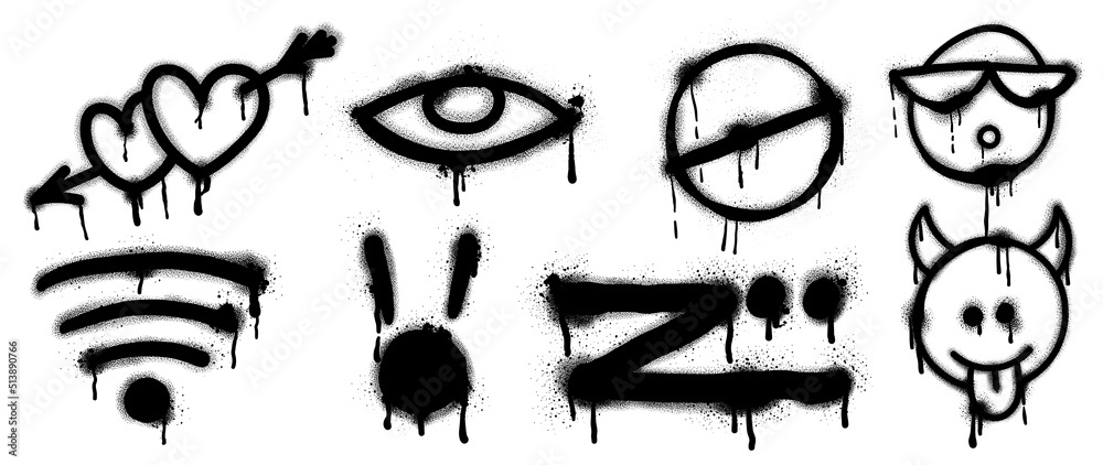 Set of black graffiti spray pattern. Collection of symbols, heart, eye, icon, mark and sign with spray texture. Elements on white background for banner, decoration, street art and ads.