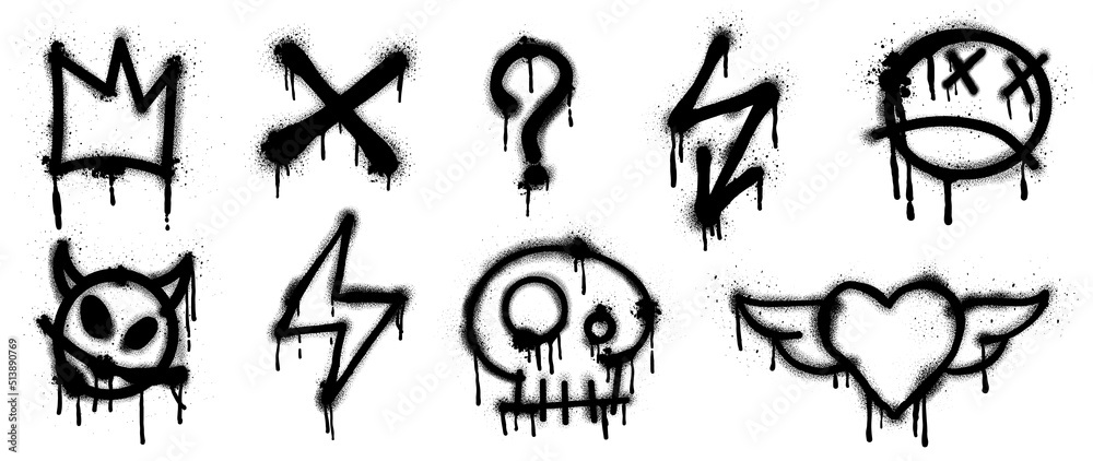 Set of black graffiti spray pattern. Collection of symbols, heart, crown,  thunder, devil, skull, arrow with spray texture. Elements on white background for banner, decoration, street art and ads. - obrazy, fototapety, plakaty 