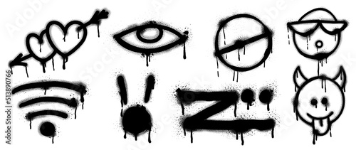 Set of black graffiti spray pattern. Collection of symbols  heart  eye  icon  mark and sign with spray texture. Elements on white background for banner  decoration  street art and ads.