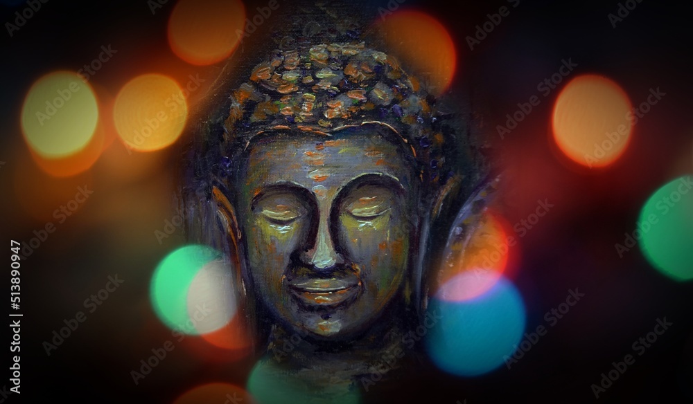oil painting of buddha on bokeh background