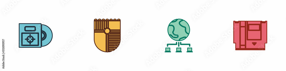 Set CD or DVD disk in box, Shield for game, Computer network and Cartridge icon. Vector Set CD or DVD disk in box, Shield for game, Computer network and Cartridge icon. Vector