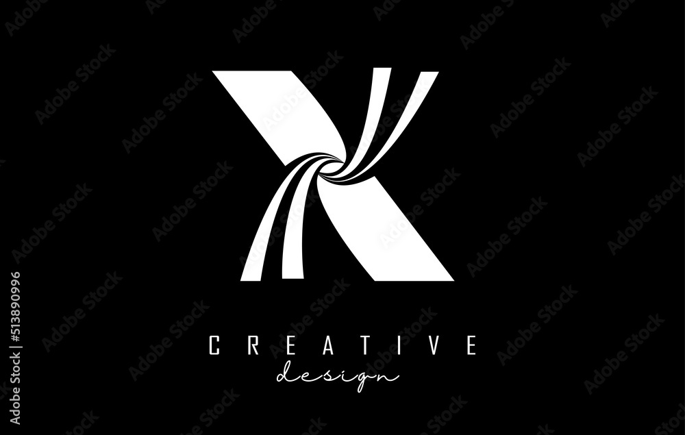 White letter X logo with leading lines and road concept design. Letter X with geometric design.