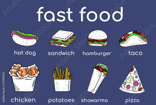 Original and minimalistic fast food art. Flat image of hamburger, hot dog, shawarma, pizza. Original street food art for menu, print. Vector flat art of fast food.