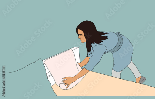 A vector illustration of Cleaning Lady Making the Bed in a Hotel 