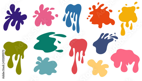 Spray paint set. Colorful collection of splashes, liquids of decorative shapes. Various splashes and drops, cartoon splashes. Colored link paints. Vector cartoon illustration isolate