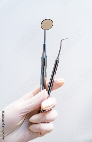 Stainless medical teeth tools. Dental instruments close up view.
