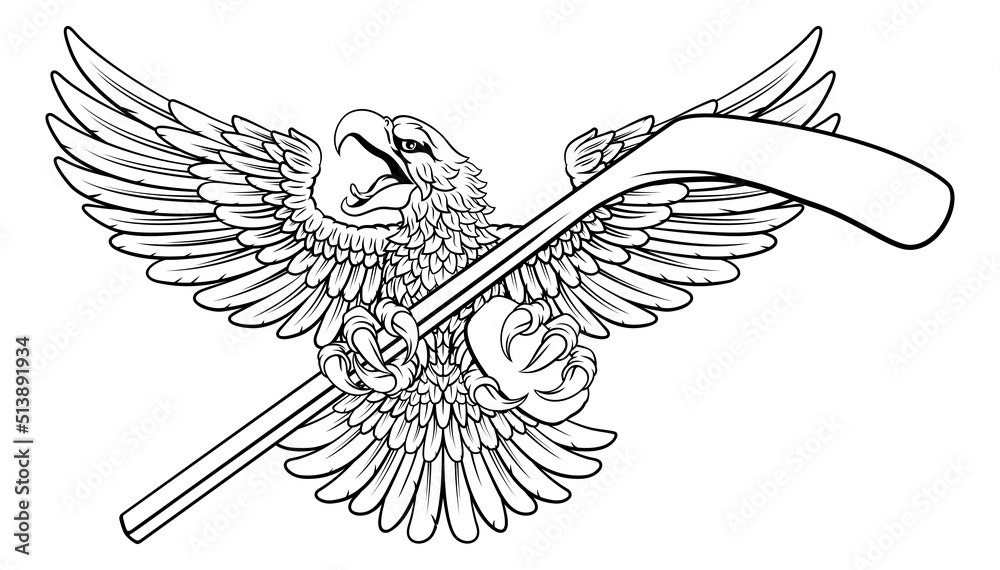Obraz premium Bald Eagle Hawk Ice Hockey Mascot Stick and Puck