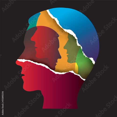 Schizophrenia, Bipolar disorder, mental health concept. 
Ripped paper Male head stylized silhouettes.Isolated on black background. Vector availab
