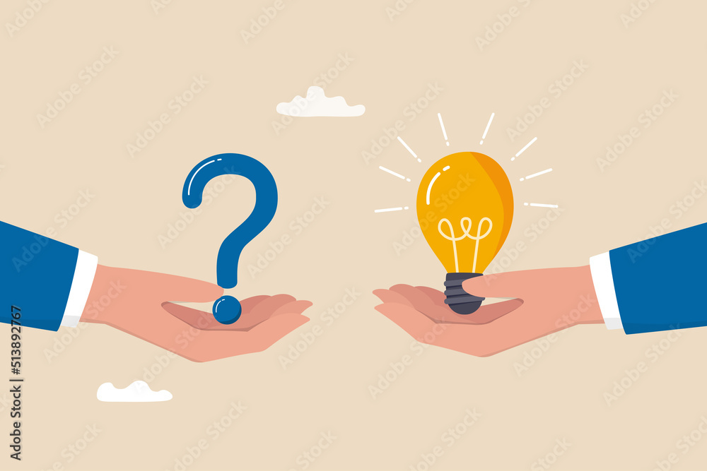 Question and answer, solving problem or business solution, ask for reply or idea to solve difficulty and trouble, FAQ concept, businessman hand holding question mark with other reply with lightbulb. - obrazy, fototapety, plakaty 