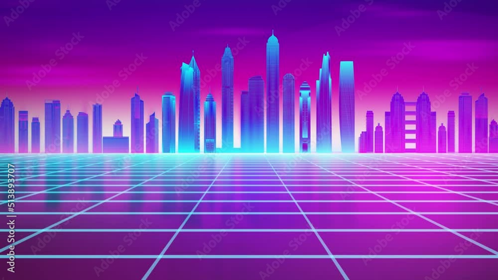 Retro wave seamless loop 80s. City 80s future retro illustration. Retro laser city cyber concept. Futuristic city with purple night sky sunset 4k animation.