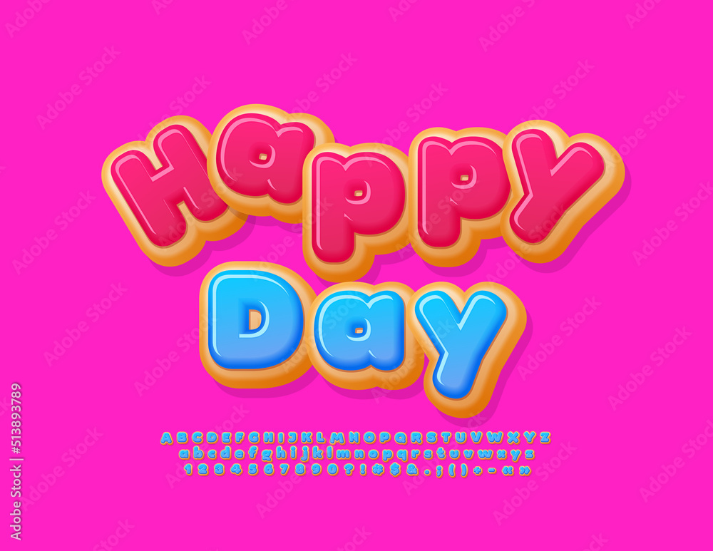 Vector playful Emblem Happy Day. Donut sweet Font. Creative Alphabet Letters and Numbers