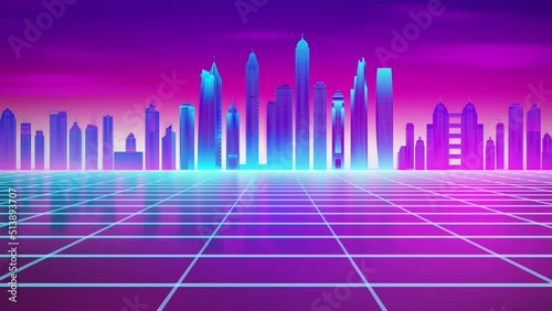 Retro wave seamless loop 80s. City 80s future retro illustration. Retro laser city cyber concept. Futuristic city with purple night sky sunset 4k animation.
