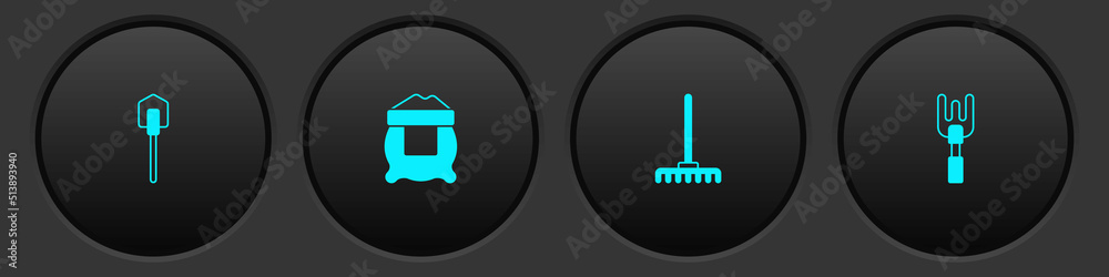 Set Shovel, Bag of flour, Garden rake and icon. Vector Set Shovel, Bag of flour, Garden rake and icon. Vector