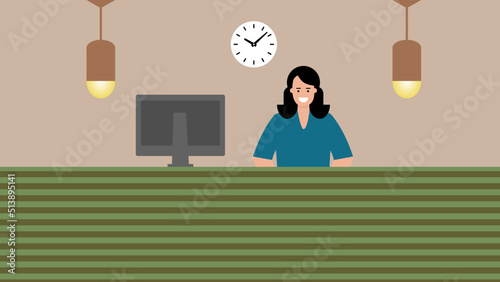 Female receptionist at reception desk in hospital reception area 
