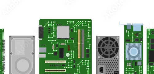Spare part for personal computer. Power hard drive. Horizontally seamless background. PC or laptop accessories. Isolated on white background. Motherboard and video card. Board RAM memory. Vector