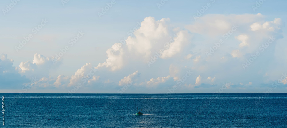 PANORAMA real photo natural cloudscape wallpaper. Beautiful white fluffy cumulus clouds summer blue sky calm sea horizon skyline. Concept atmosphere meteorology, more size and tone collection in stock