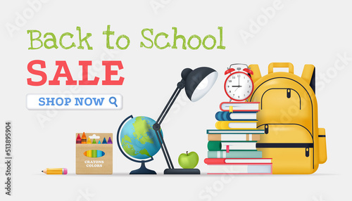 Back to School Sale Banner. Vector realistic illustration, school supplies, accessories