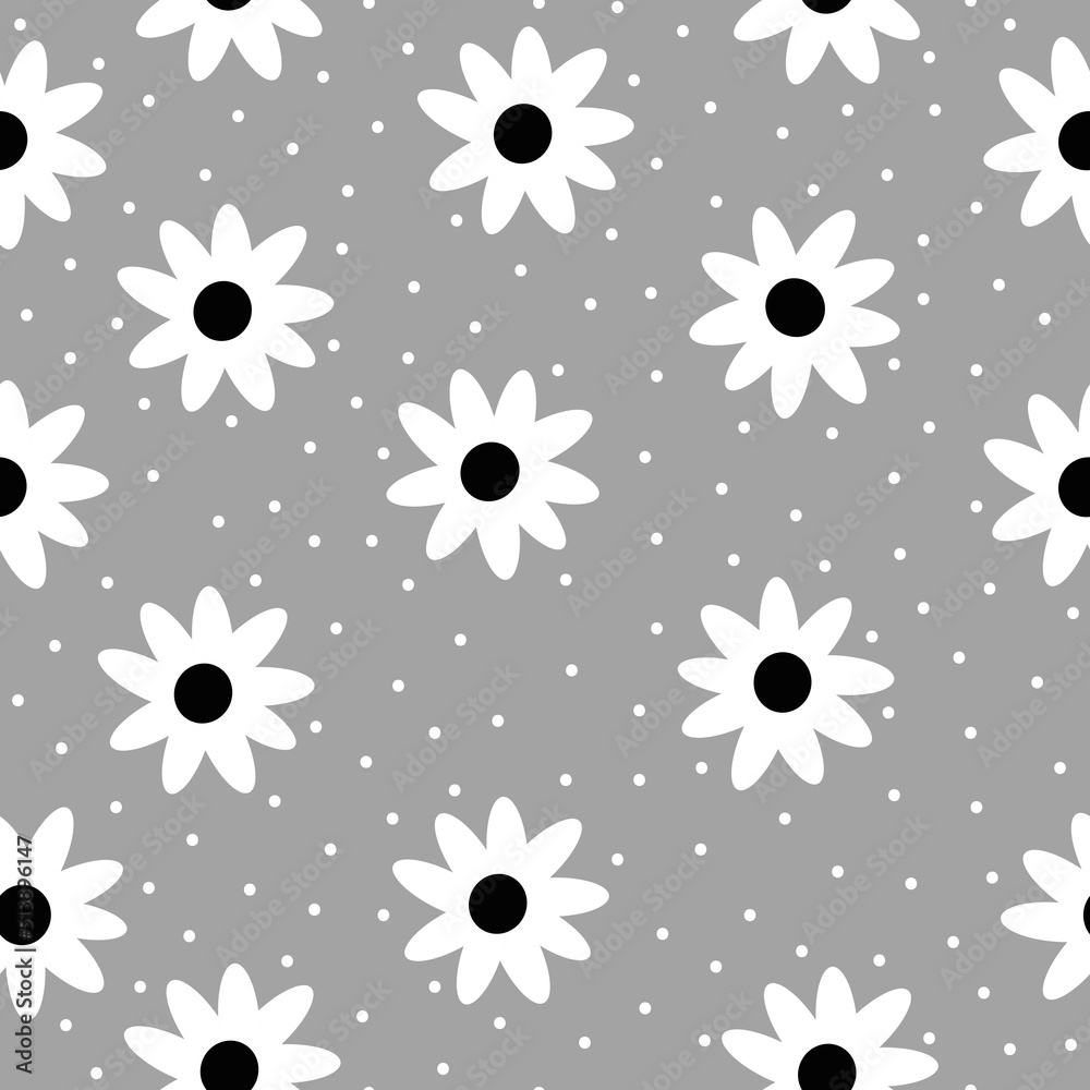 Fototapeta premium Simple vintage pattern. White flowers and dots . gray background. Fashionable print for textiles and wallpaper.