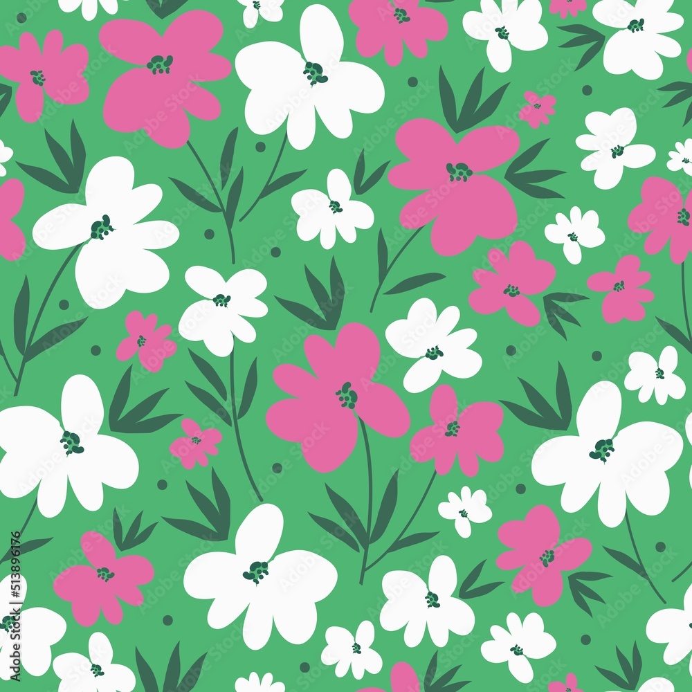 Simple vintage pattern. Wonderful white and pink flowers, green leaves.Bright green background. Fashionable print for textiles and wallpaper.
