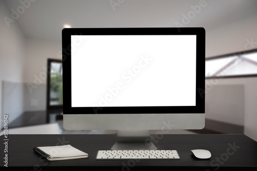 Workspace with desktop computer, office supplies, houseplant and coffee cup at office. desk work concept.