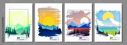 Vector landscapes. Set of scenes in nature with mountains and forest, silhouettes of trees. Hiking tourism. Adventure. Minimalist graphic flyers. Polygonal flat design for coupons, vouchers, postcards