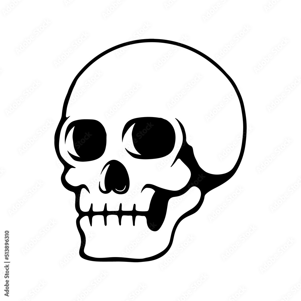 Illustration of human skull in monochrome style. Design element for poster, card, banner, emblem, sign. Vector illustration Illustration of human skull in monochrome style. Design element for poster, card, banner, emblem, sign. Vector illustration