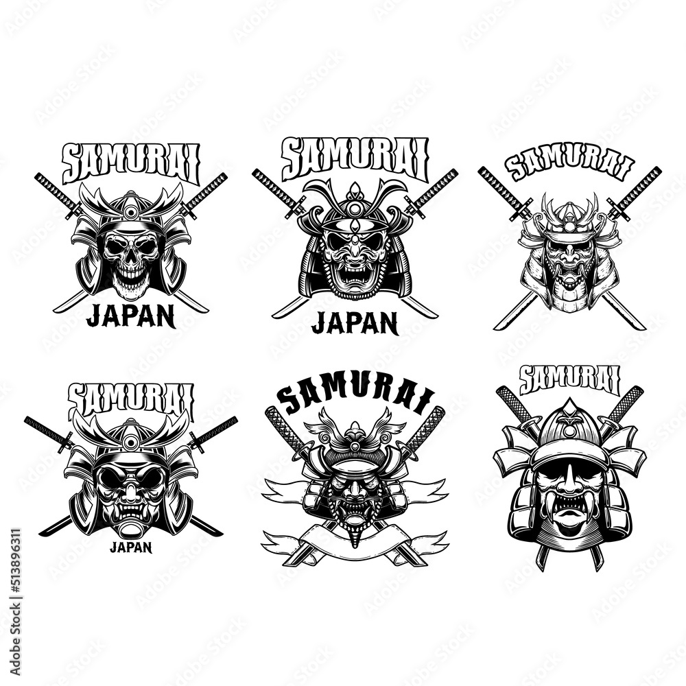 Set of emblems with samurai helmets and katana. Design element for logo, emblem, sign, t shirt. Vector illustration
