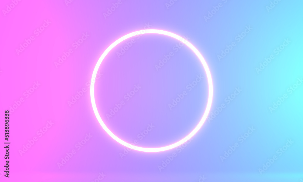 Product Stand blue pink violet neon abstract background, studio modern ultraviolet light, room pastel interior, Glowing podium, performance stage decorations, Stage for circle of light. 3d rendering