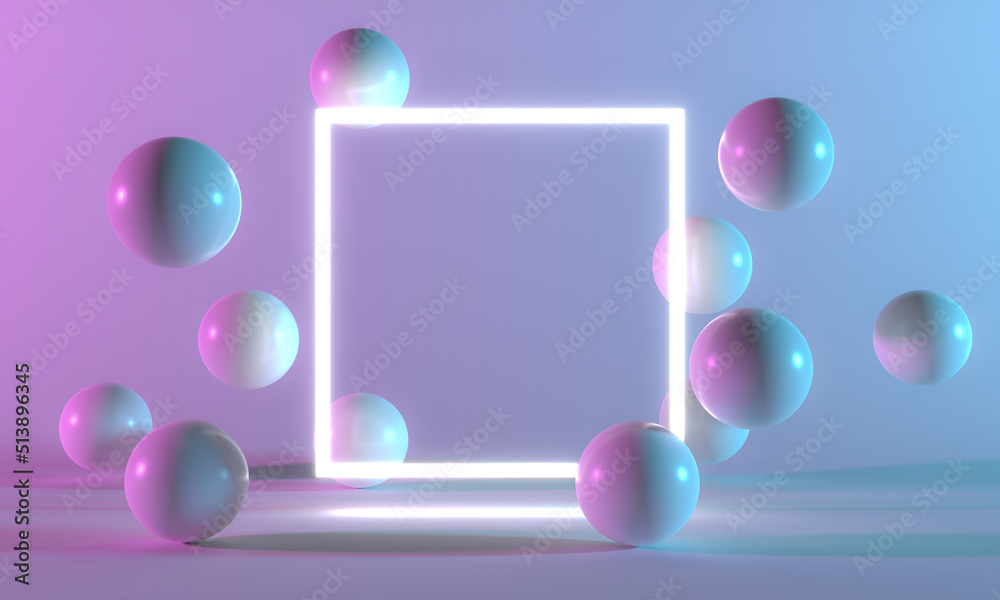 Product Stand blue pink violet neon square abstract background, studio modern ultraviolet light. Ball in room pastel, Glowing podium, performance stage decorations, Stage of sphere light. 3d rendering