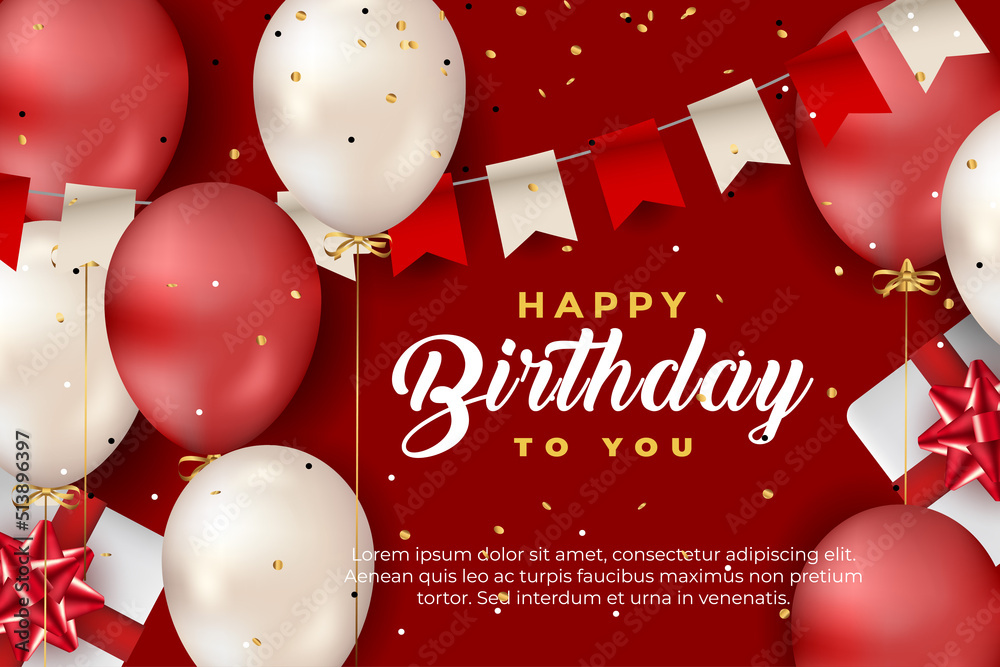 luxury happy birthday greeting template with balloon, birthday flag and