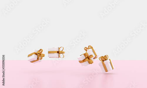 3D render image illustration of White gift box golden ribbon for celebration on special day. Happy Holiday decoration surprise card. Concept give packing Love idea. Wedding modern luxury pink pastel.