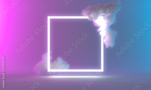 Product Stand blue pink violet neon square abstract background, studio modern ultraviolet light. Cloud in room pastel, Glowing podium, performance stage decorations, Stage of cloud light. 3d rendering