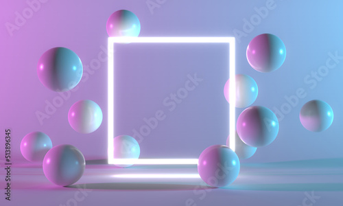 Product Stand blue pink violet neon square abstract background, studio modern ultraviolet light. Ball in room pastel, Glowing podium, performance stage decorations, Stage of sphere light. 3d rendering photo