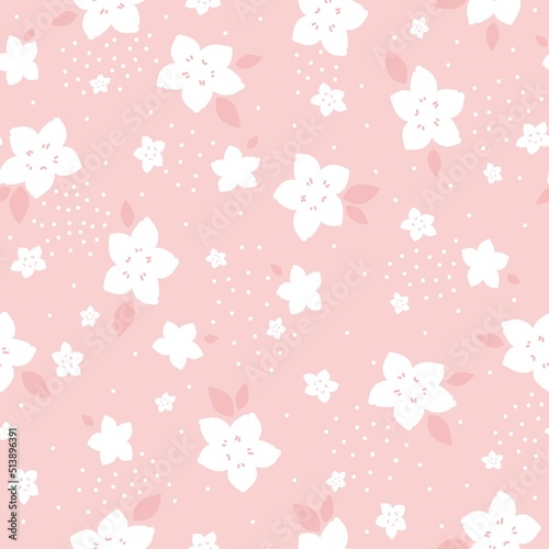 Simple vintage pattern. White flowers and leaves on a light pink background. Fashionable print for textiles and wallpaper.
