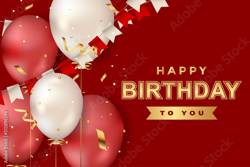 luxury happy birthday greeting template with balloon, birthday flag and glitter	