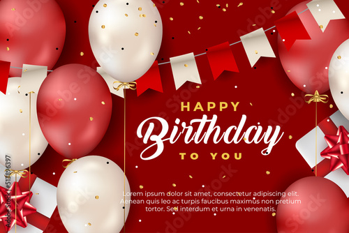 luxury happy birthday greeting template with balloon, birthday flag and glitter	