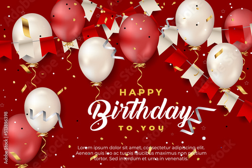 luxury happy birthday greeting template with balloon, birthday flag and glitter	